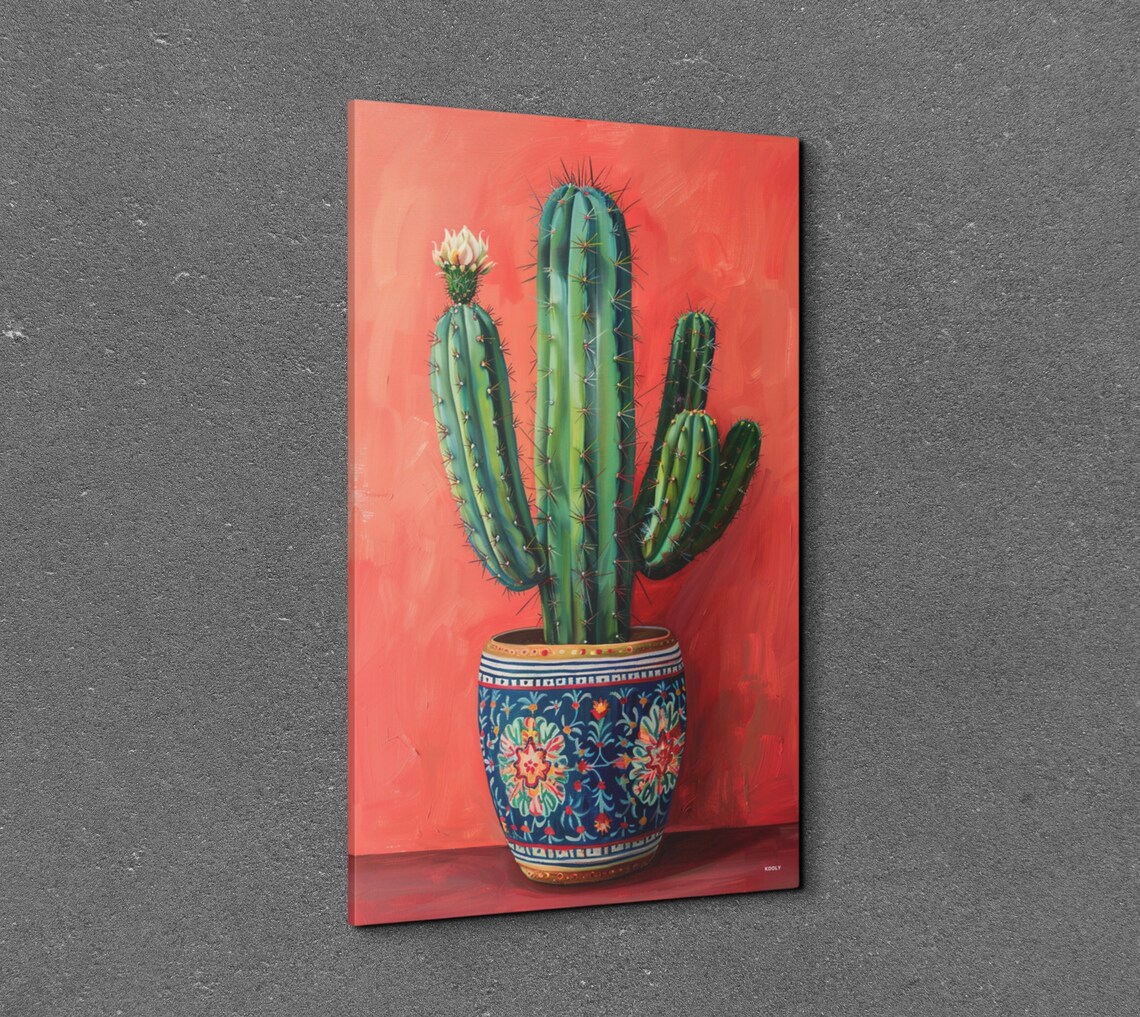 Potted Cactus Oil Painting Decorative Pot Coral Background Wall Art - Image 7