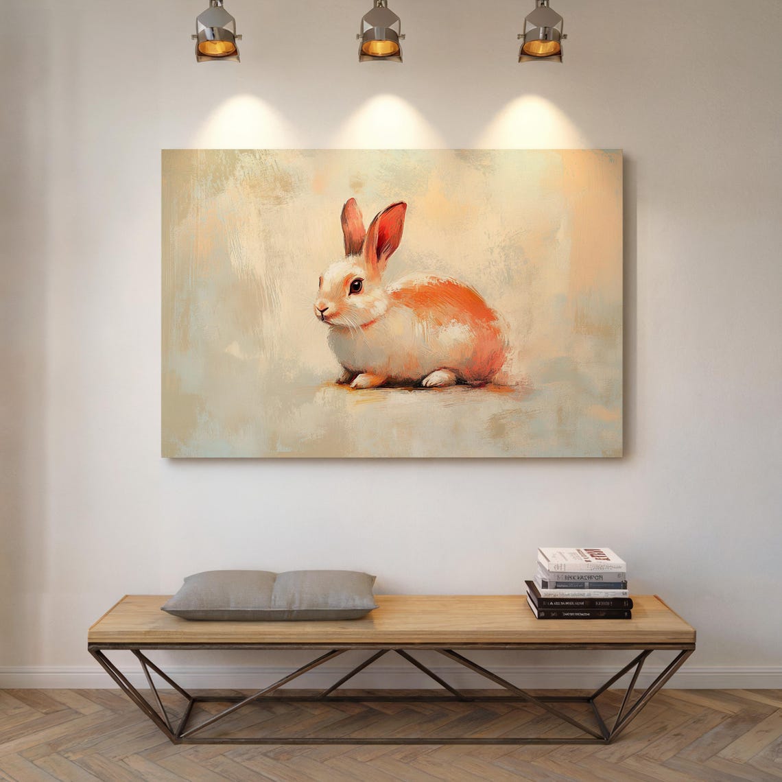 White Bunny with Soft Orange Tones in Pastel Painting Poster - Image 5