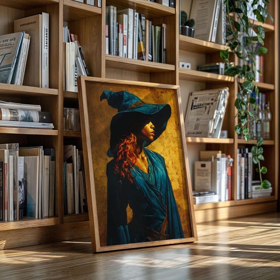 Cowgirl In Teal Hat Rustic Western Oil Painting