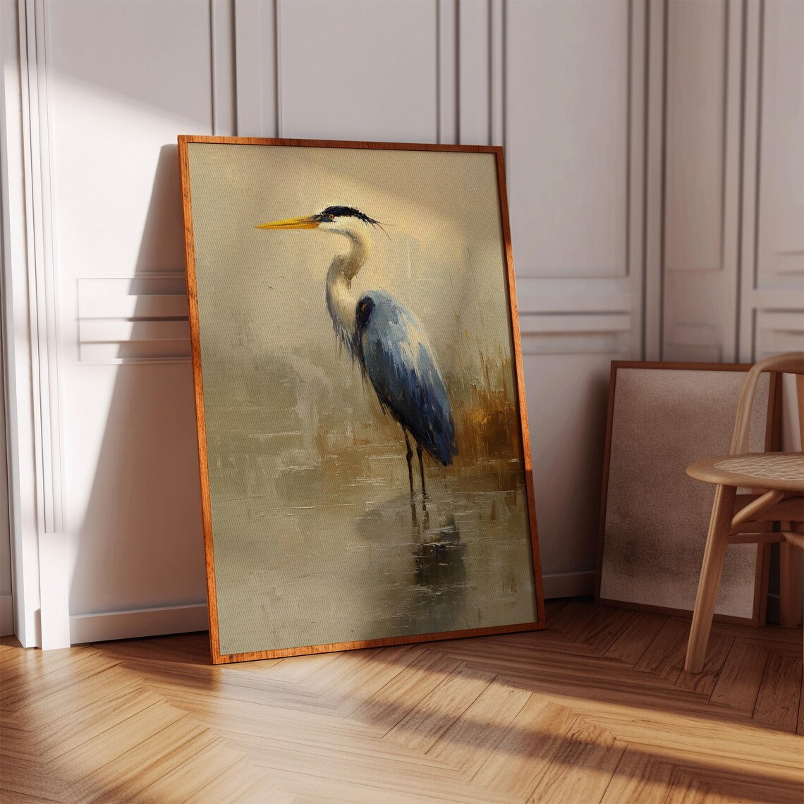 Grey Heron Standing in Still Water Soft Neutral Bird Painting Poster