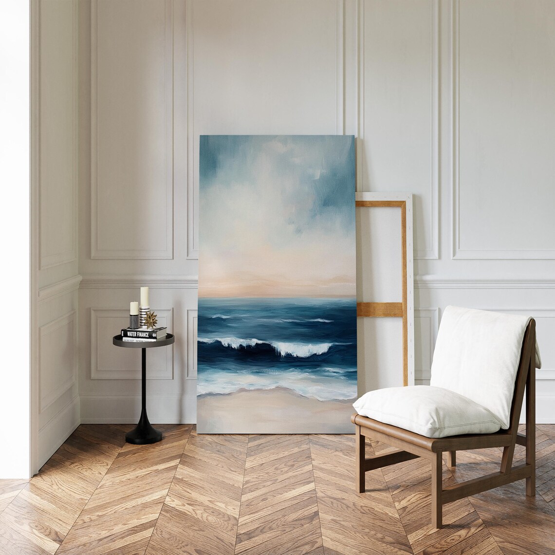 Serene Blue Ocean Waves Pastel Sky Coastal Oil Painting Poster - Image 2