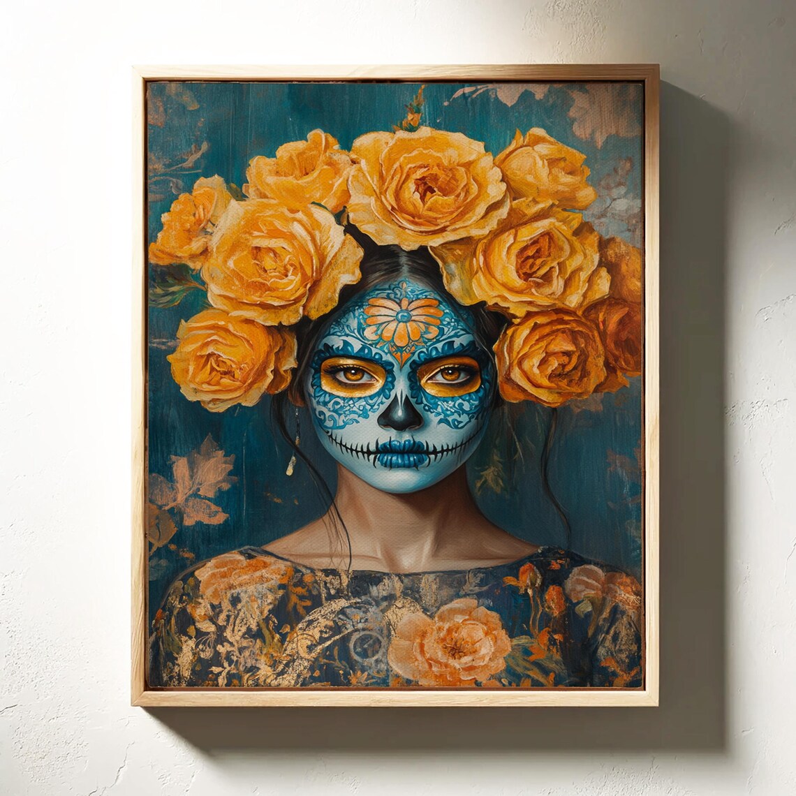 Blue Sugar Skull Golden Rose Crown Day Of Dead Elegant Poster - Image 3