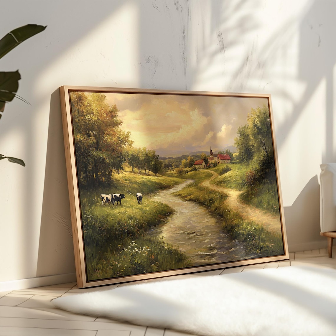 Vintage Farm River Landscape, Rustic Pastoral Scene