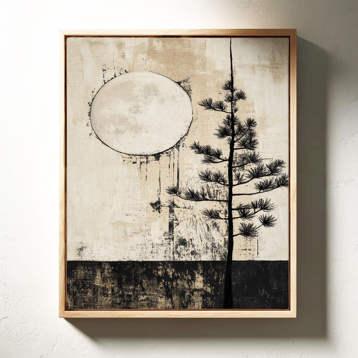 Japanese Minimalist Pine Tree Full Moon Wall Art Zen Black And White Abstract Nature Print - Image 3