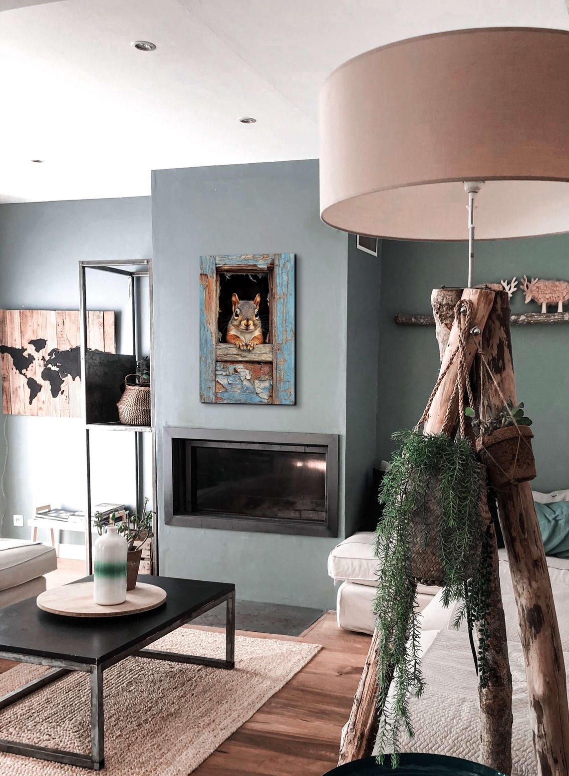Curious Squirrel Peeking From Rustic Blue Window Animal Poster - Image 3