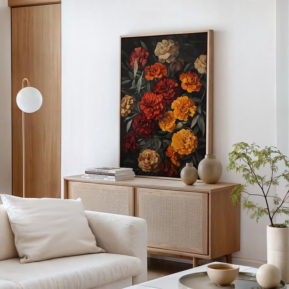 Marigold Blooms in Burnt Orange on Black Moody Floral Art Poster - Image 5