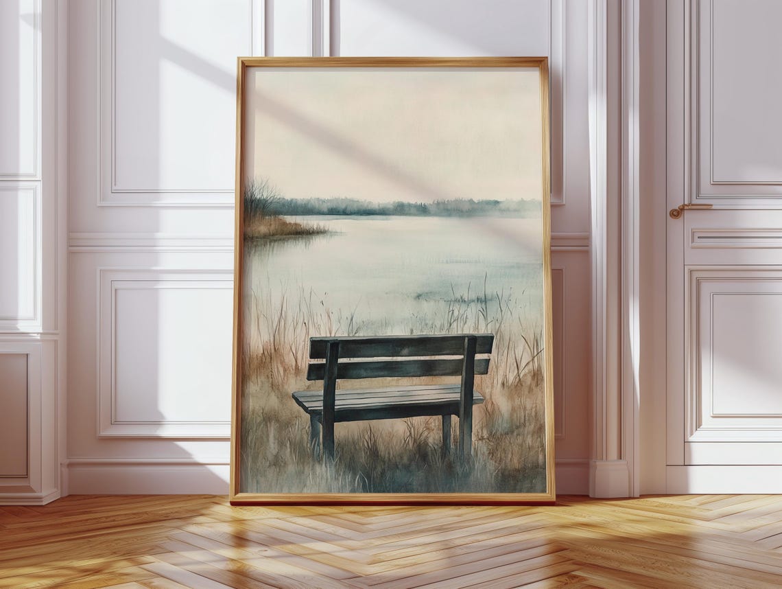 Lonely Bench By Misty Lake Serene Neutral Landscape Art Poster