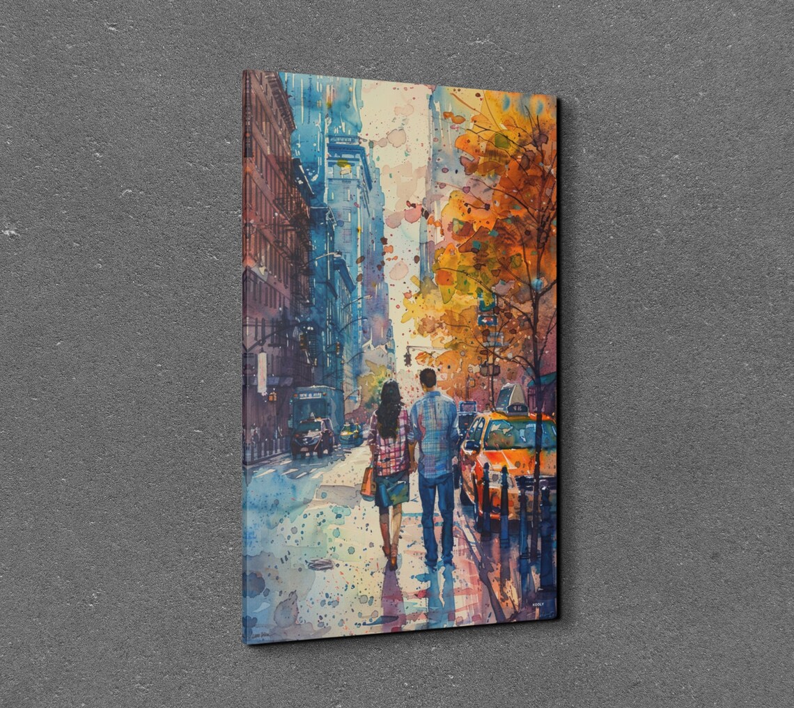 Autumn City Stroll Couple With Yellow Taxis Watercolor Wall Art - Image 3