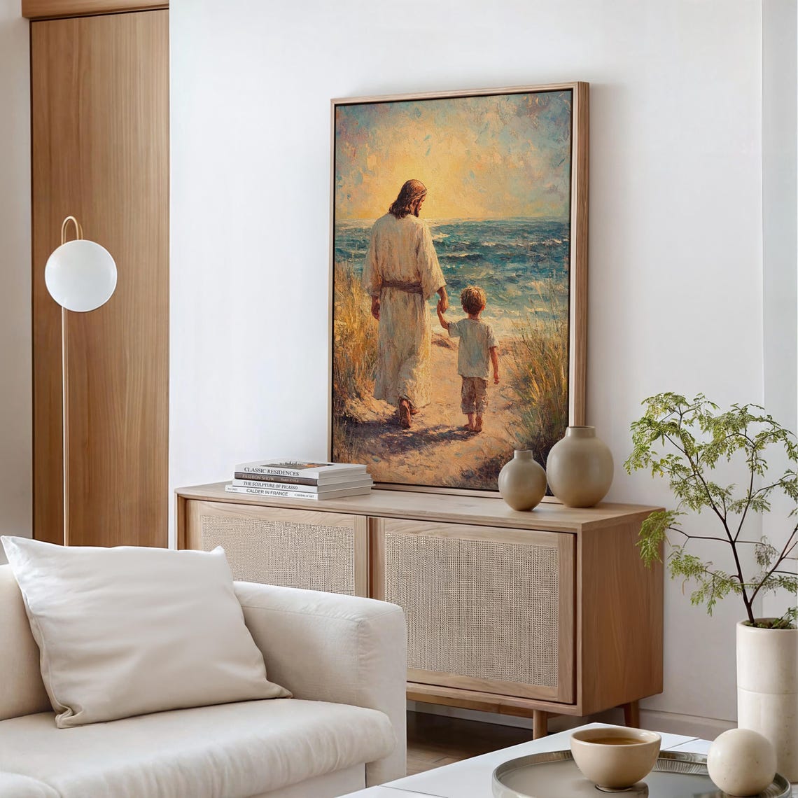 Jesus Walking With Child Sunset Ocean Path Christian Art Poster - Image 4