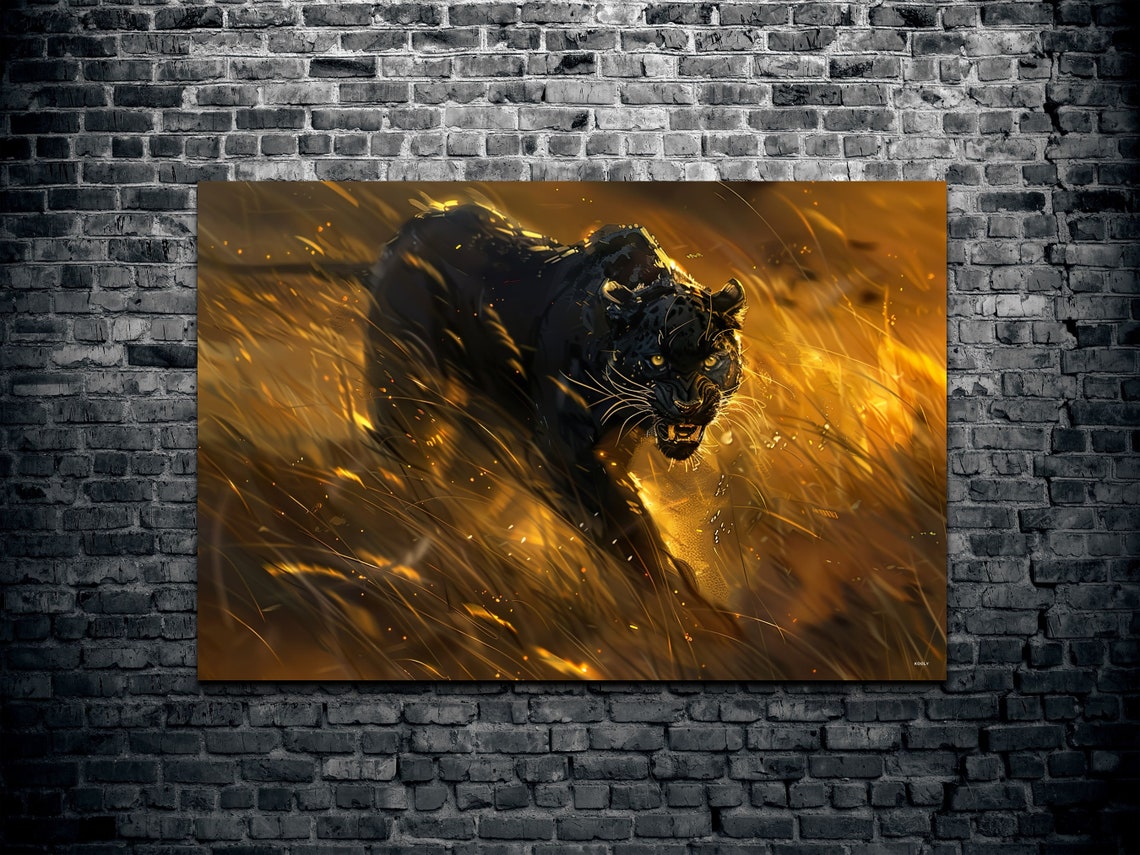 Black Panther Stalking Golden Grass Dramatic Wildlife Poster - Image 2