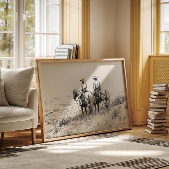 Cowboys On Horseback Art Western Line Art Rustic Ranch Decor Black And White Cowboy Drawing