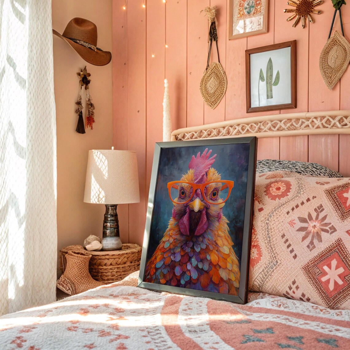Colorful Chicken With Orange Glasses Funny Farmhouse Art Poster