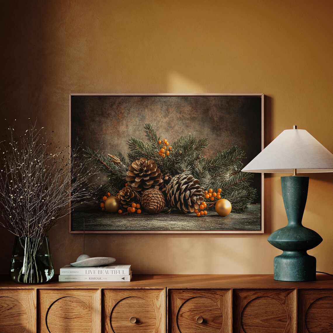 Rustic Christmas Pinecone And Evergreen Art Print