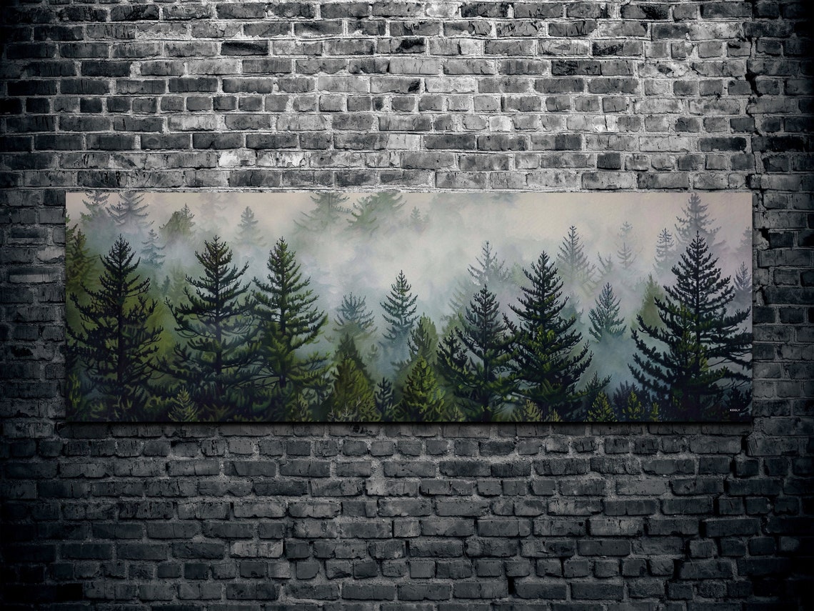 Misty Pine Forest Foggy Evergreen Trees Nature Panorama Wall Art - Image 2