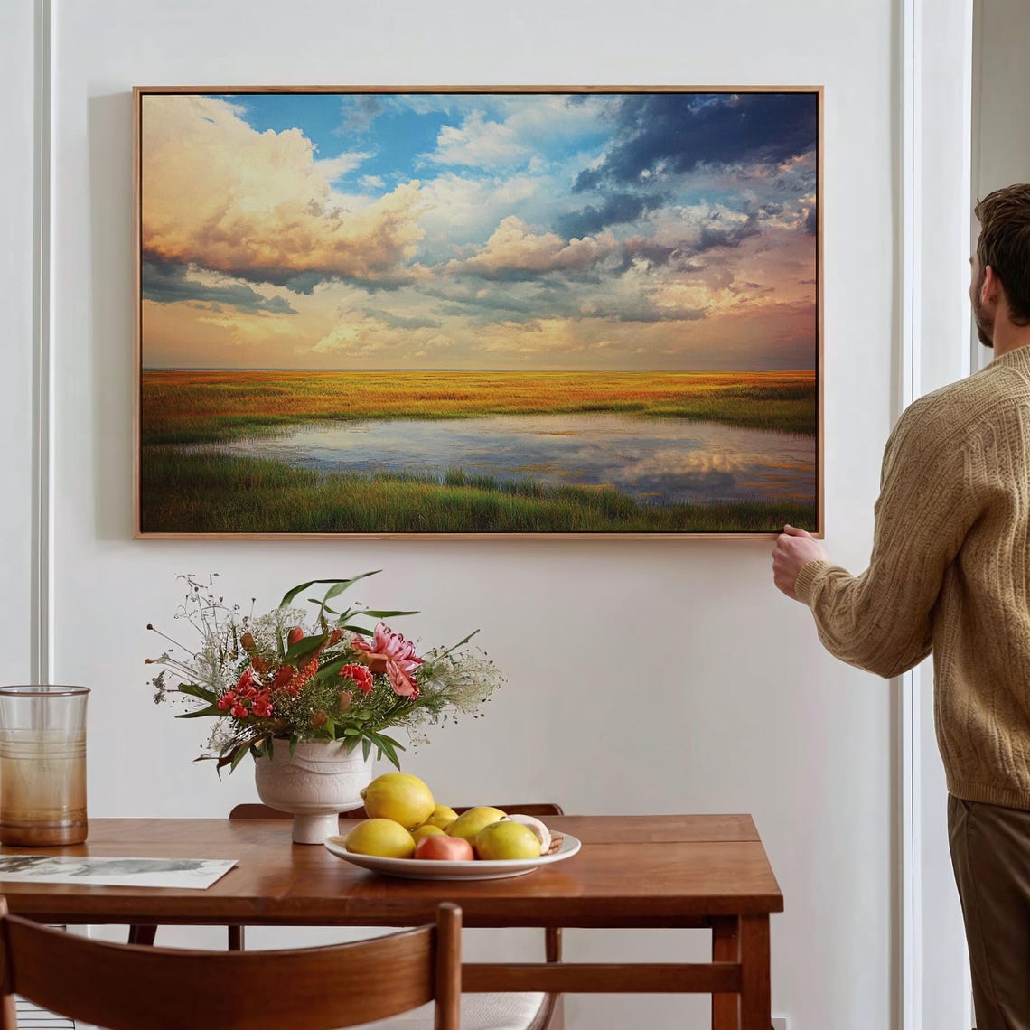 Serene Golden Field Art Tranquil Landscape With Reflective Pond Stunning Sky Nature Wall Decor For Home Or Office - Image 2