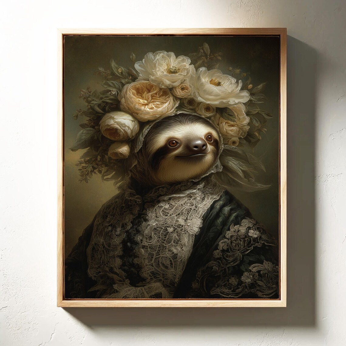 Victorian Sloth Portrait with White Rose Floral Headdress and Lace Gown Poster