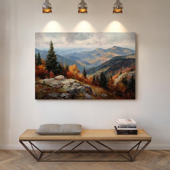 Autumn Mountain Valley With Misty Blue Ridges Landscape Painting Poster