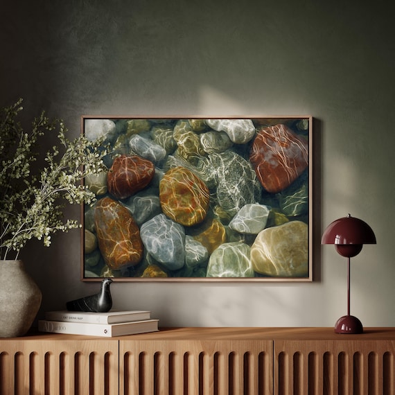 Tranquil Riverbed Stones, Nature Inspired Art Print