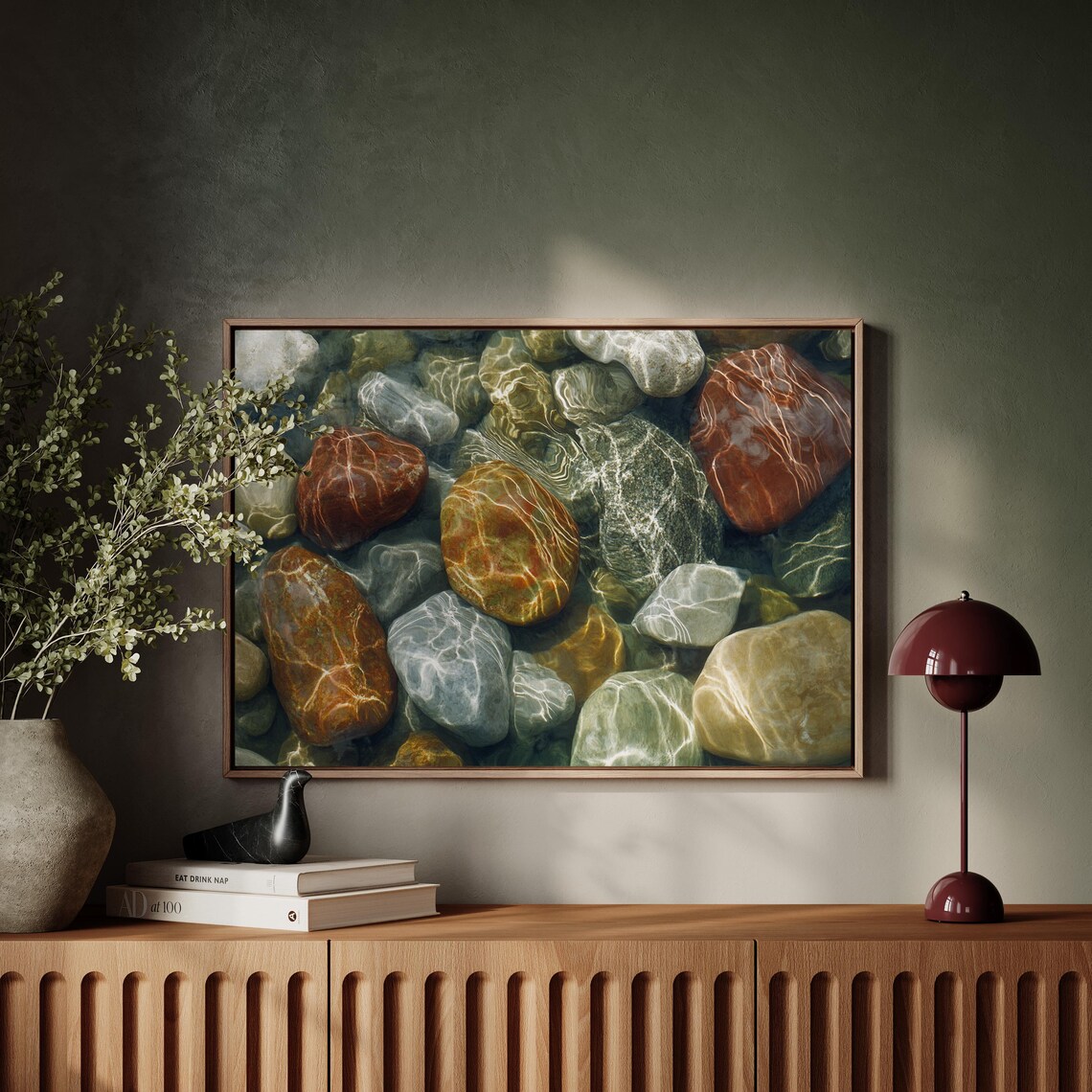 Tranquil Riverbed Stones, Nature Inspired Art Print