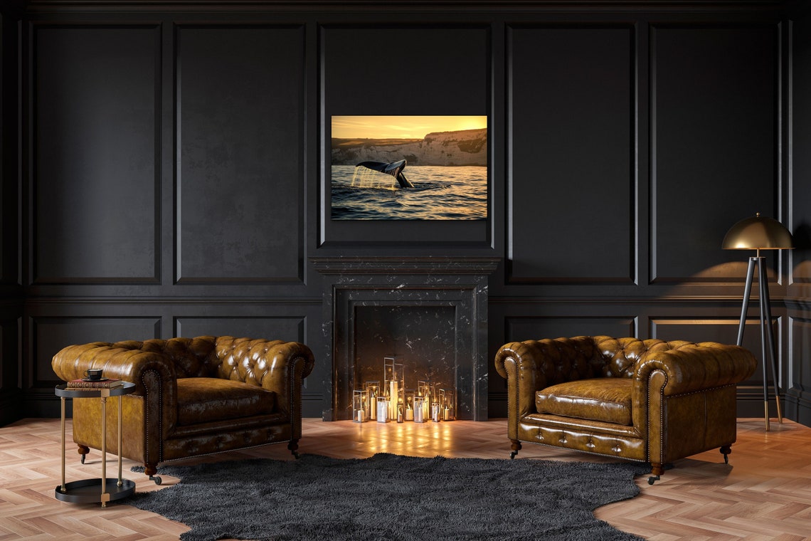 Whale Tail Splash Diving at Golden Sunset by Ocean Cliffs Poster - Image 6