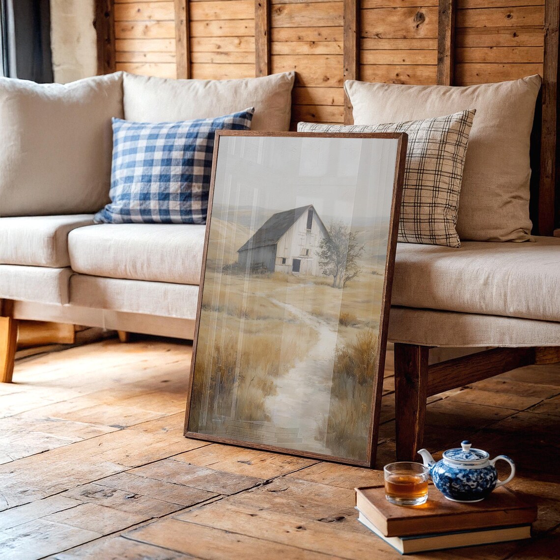 Misty White Barn Foggy Field Vintage Rural Landscape Painting Poster