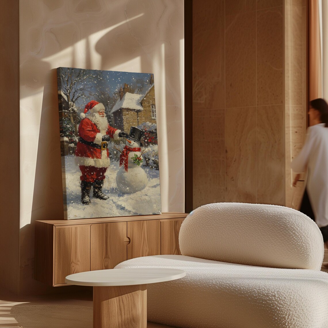 Santa Claus Placing Hat On Snowman Holly Snow Scene Vintage Poster - Image 7