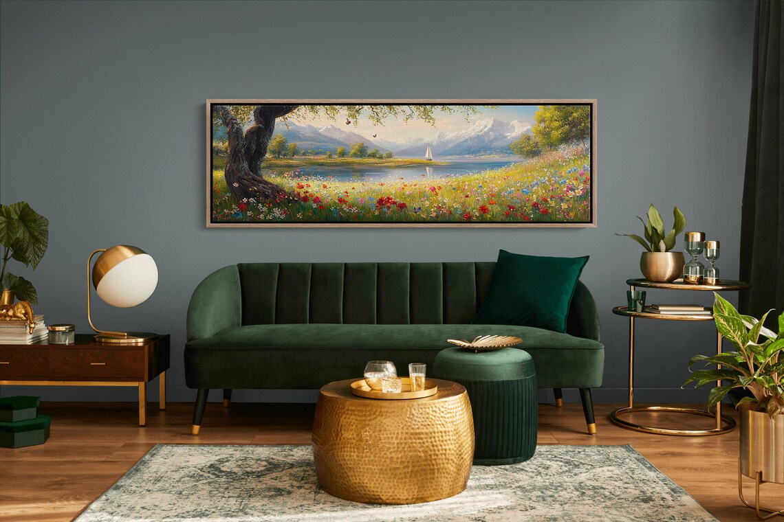 Wildflower Meadow Lake Sailboat Snowy Mountains Butterflies Art Poster - Image 6