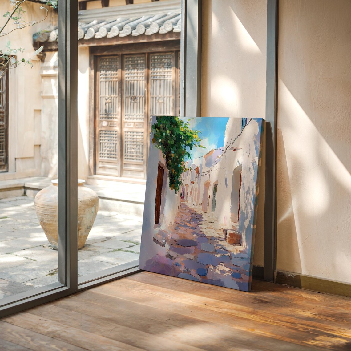 Sunny Greek Island Alleyway Impressionist Mediterranean Street Poster - Image 3