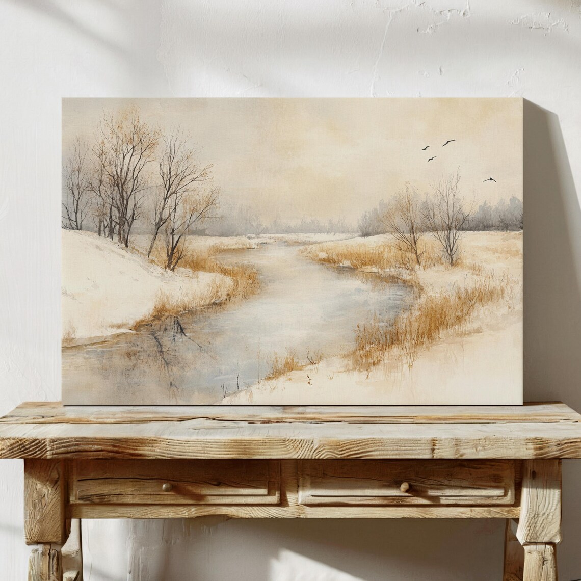 Winter River Landscape, Serene Nature Art