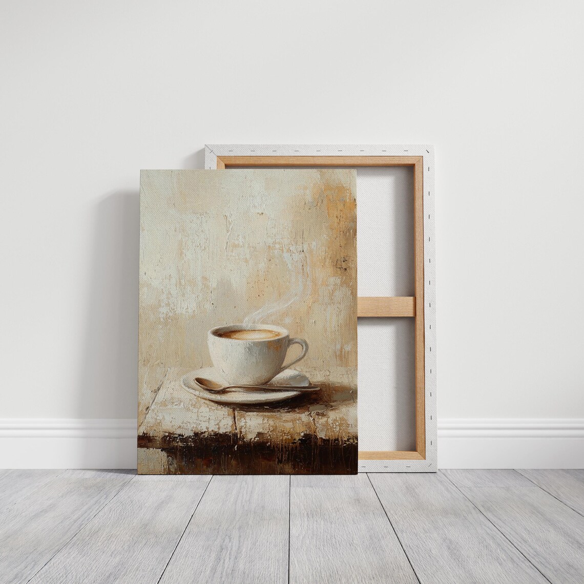 Steaming Coffee Cup Minimalist Beige Still Life Painting Wall Art - Image 3