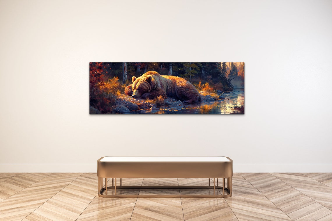 Sleeping Brown Bear by Autumn River in Golden Light Wall Art - Image 5