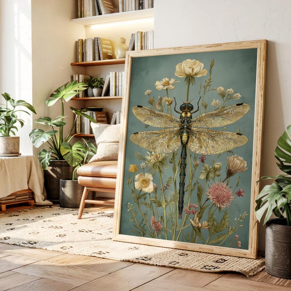 Golden Dragonfly With Wildflowers Canvas Wall Art Botanical Nature Insect Print Vintage Inspired Artwork For Home Dcor