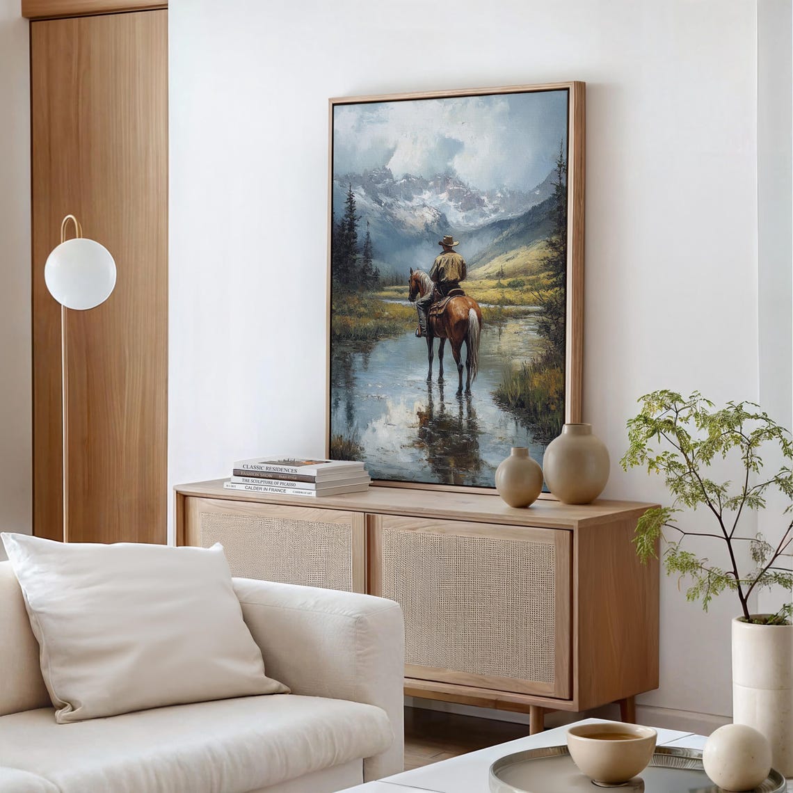 Lone Cowboy Crossing a Misty Mountain Stream on Horseback Poster - Image 3