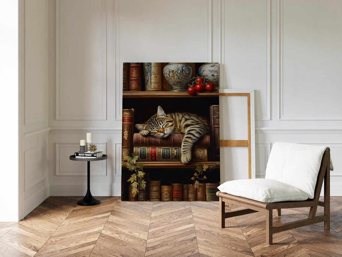 Sleeping Tabby Cat On Bookshelf Vintage Art Print - Image 4