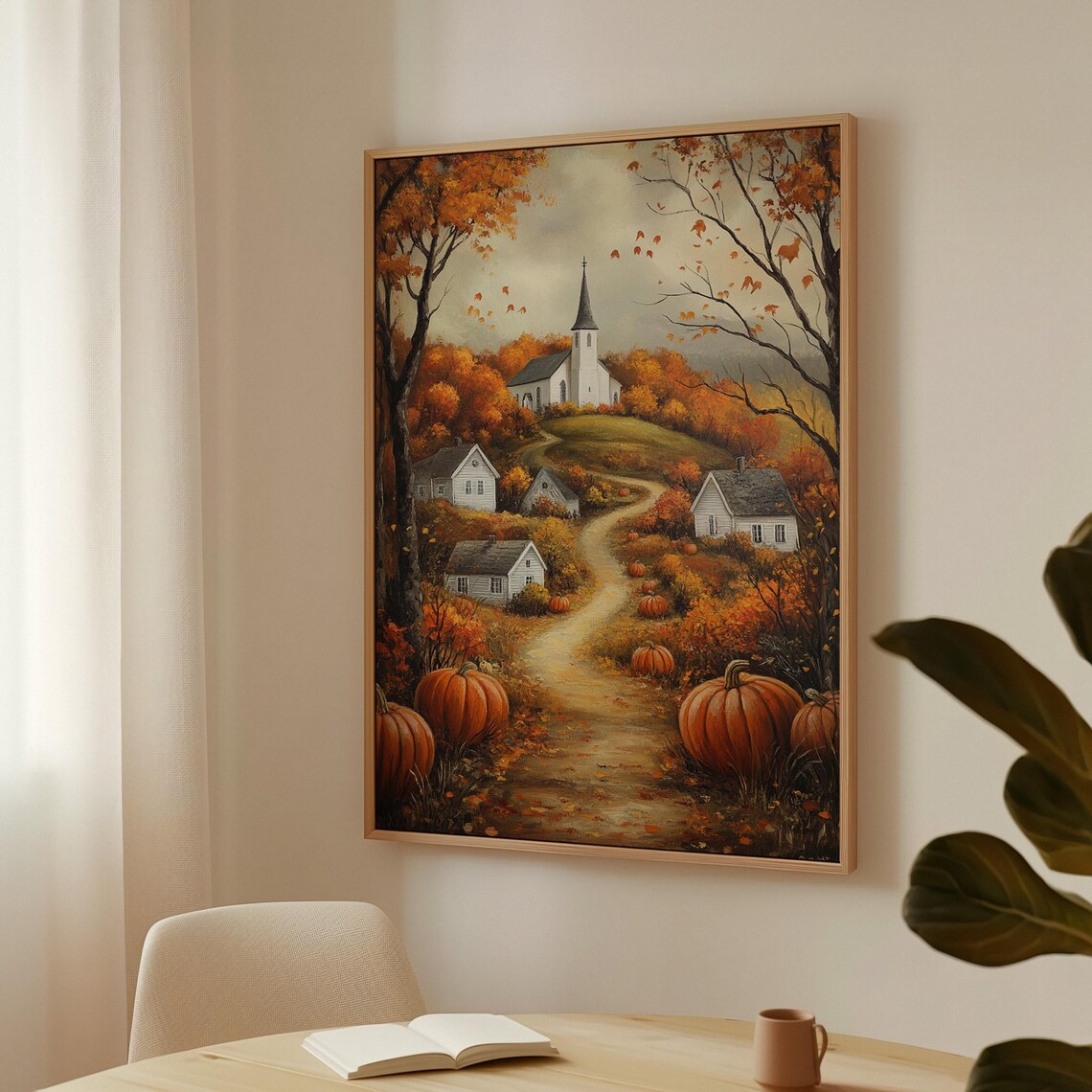 Autumn Village With White Church Winding Path And Pumpkins Wall Art - Image 4