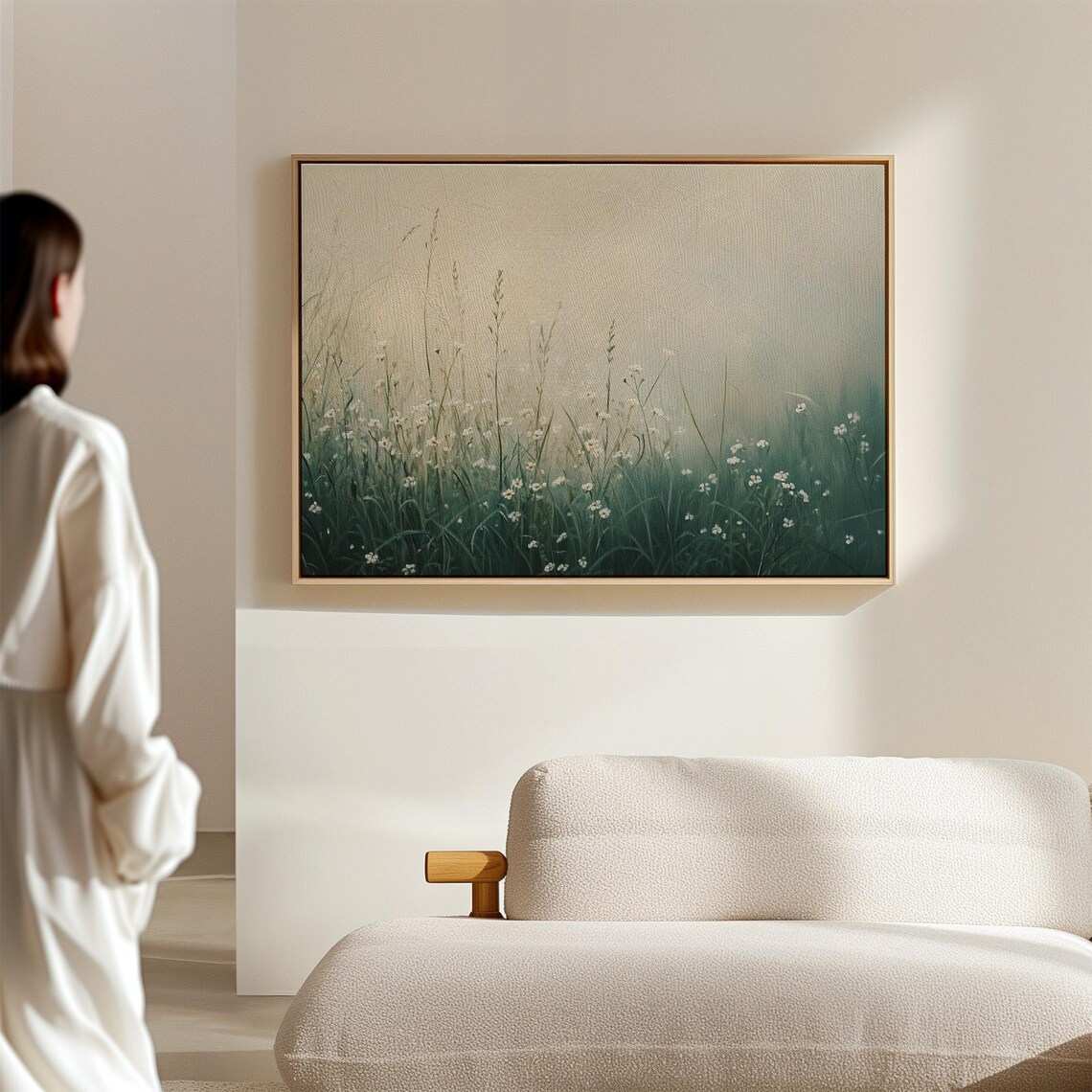 Misty Wildflower Meadow Tall Grasses Ethereal Green Field Wall Art - Image 7