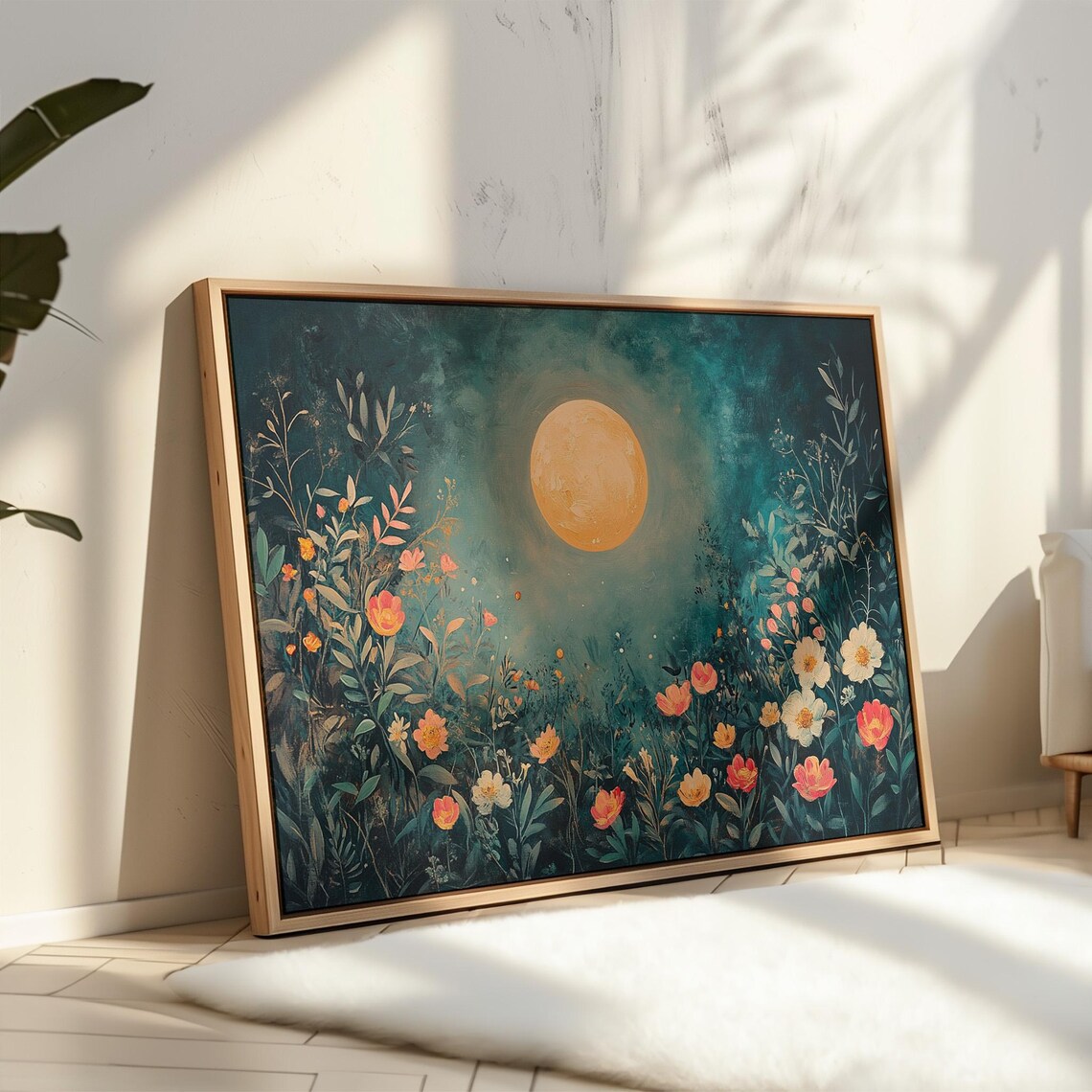 Moonlit Floral Garden With Glowing Golden Moon Teal Night Poster - Image 6