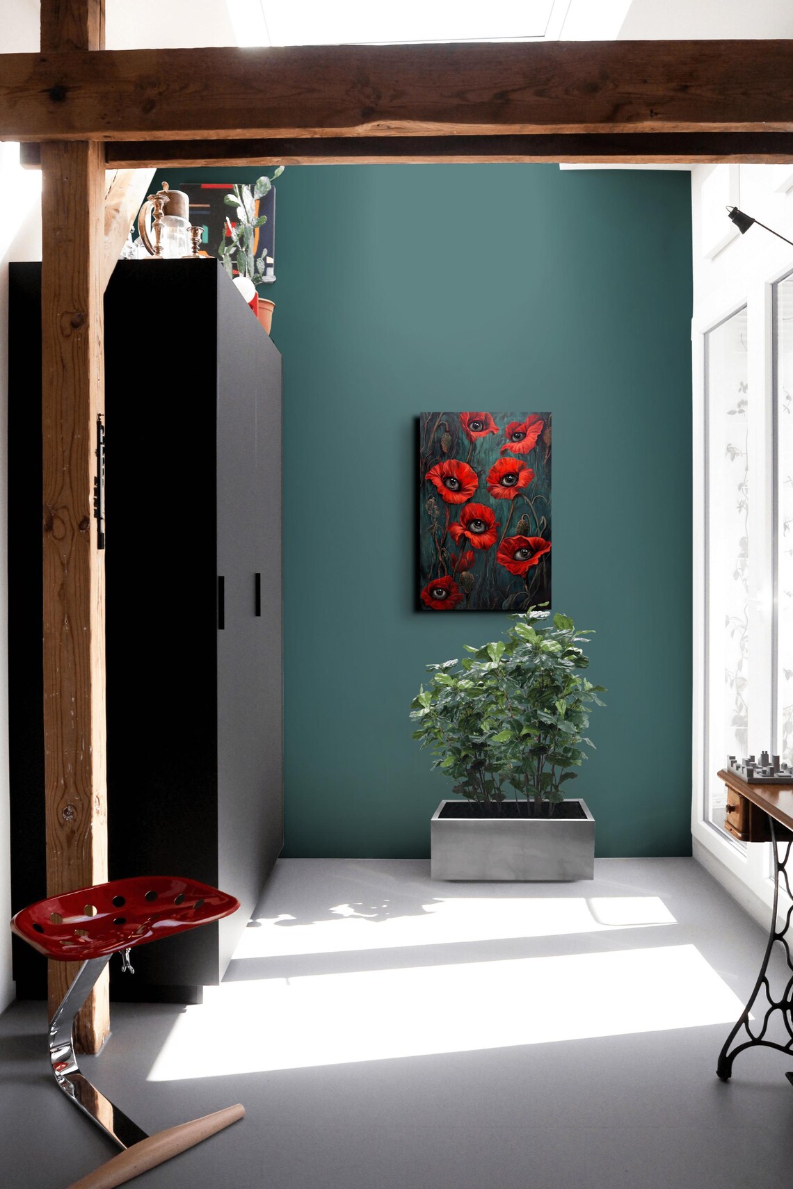 Red Poppies With Watchful Eyes Surreal Dark Floral Art Poster - Image 3