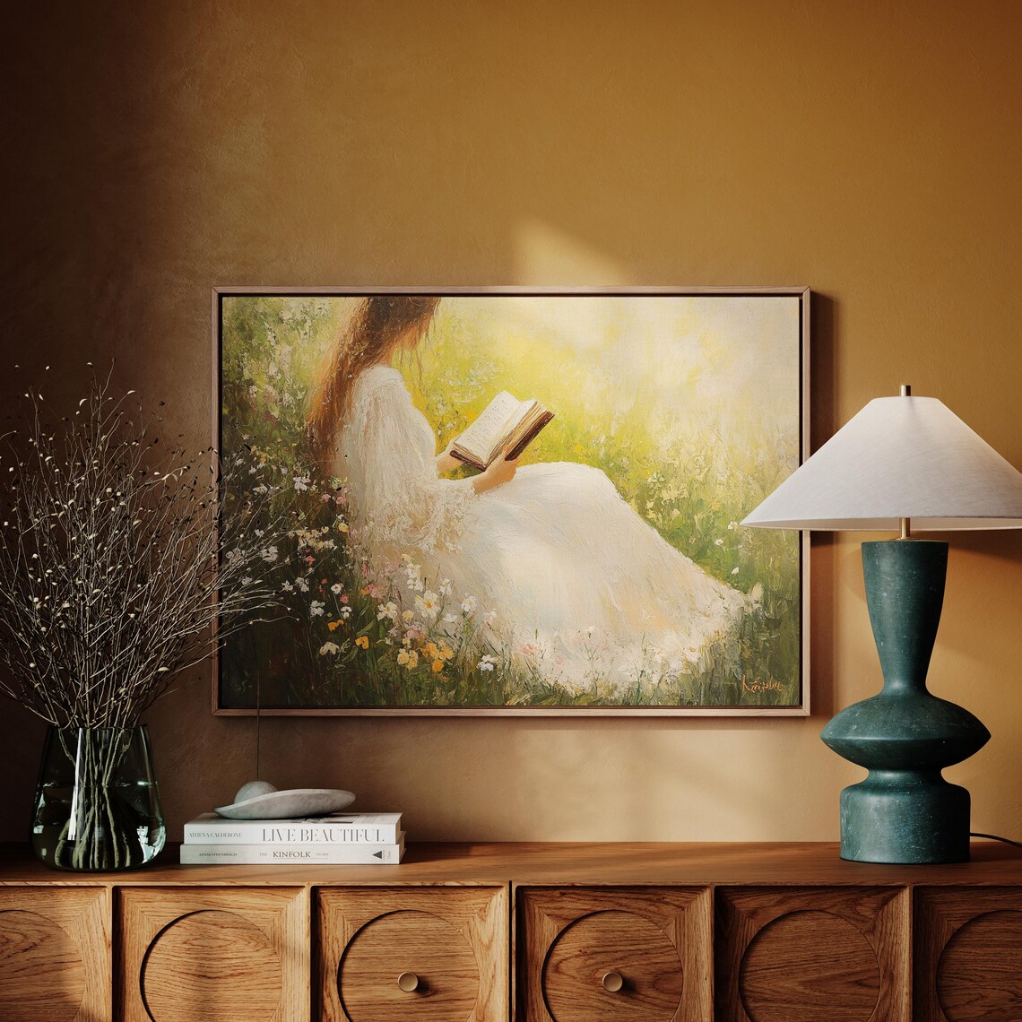 Serene Woman Reading in Wildflower Meadow Golden Light Poster - Image 7