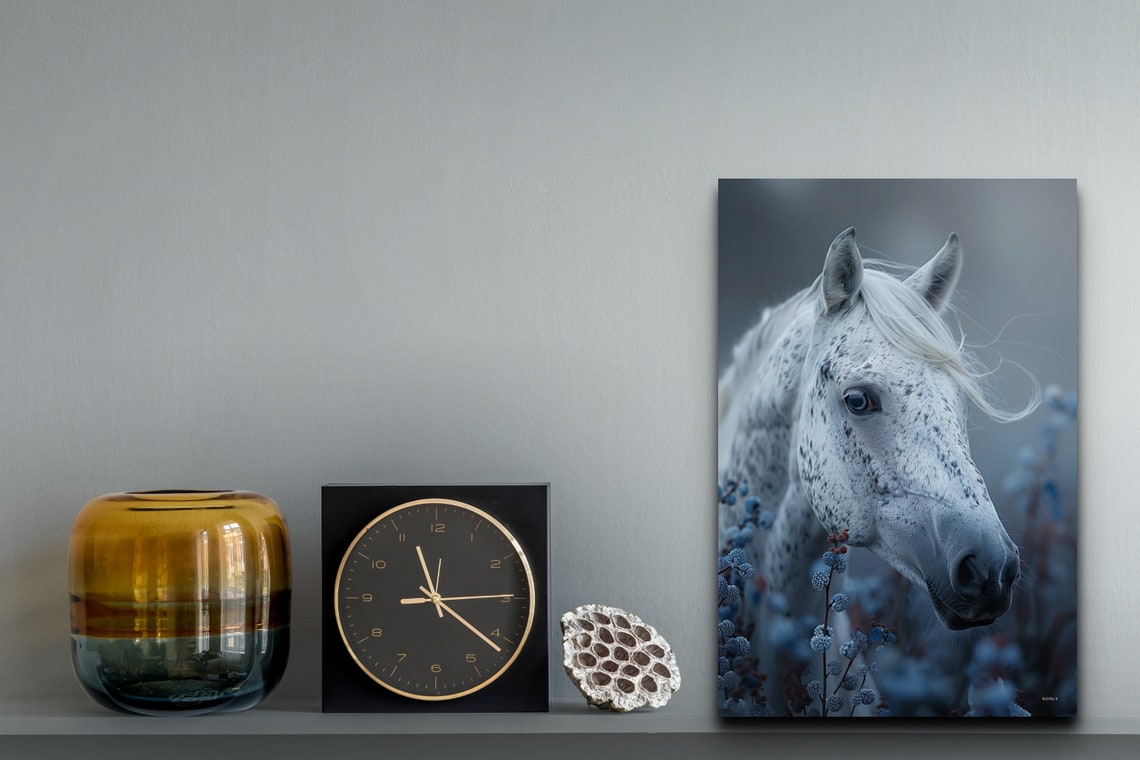 White Horse Portrait Misty Blue Wildflowers Equine Decor Wall Art - Image 3