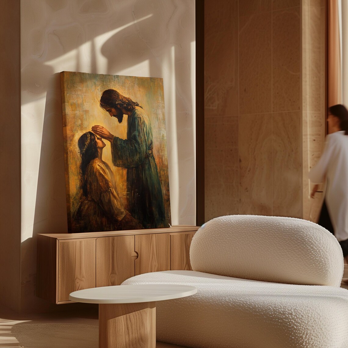 Jesus Blessing a Kneeling Woman in Warm Golden Oil Painting Style Poster - Image 7