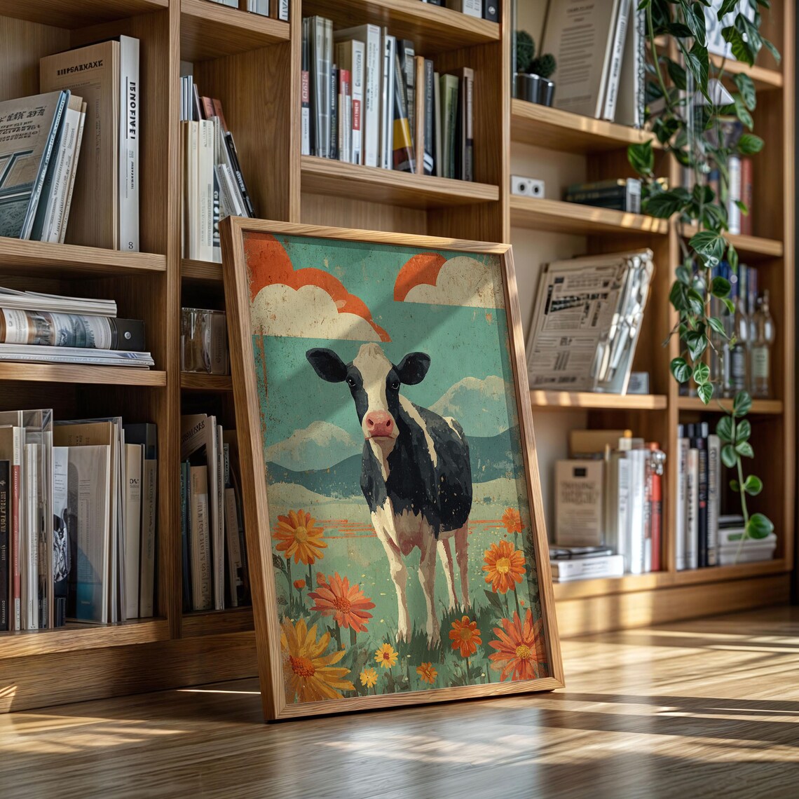 Retro Cow In Flower Meadow With Orange Blossoms Vintage Style Farm Poster