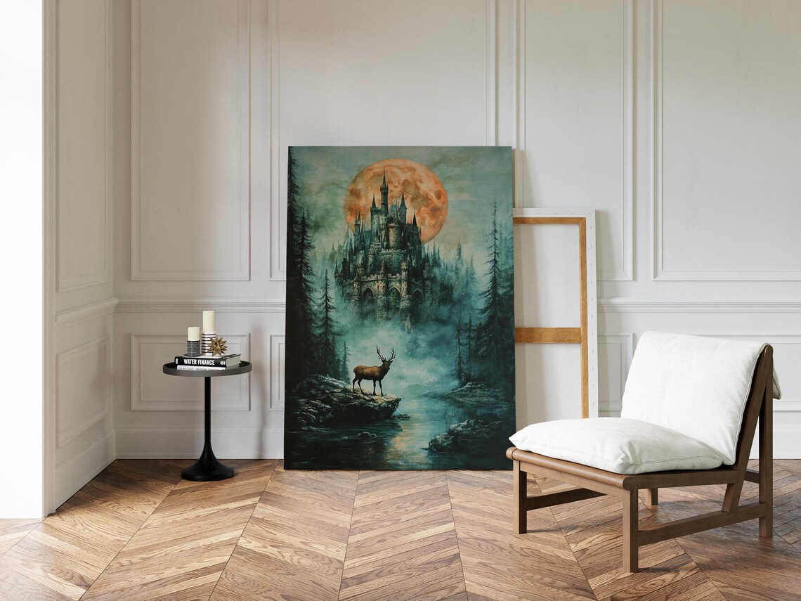 Enchanted Castle and Stag, Mystical Forest Landscape - Image 4