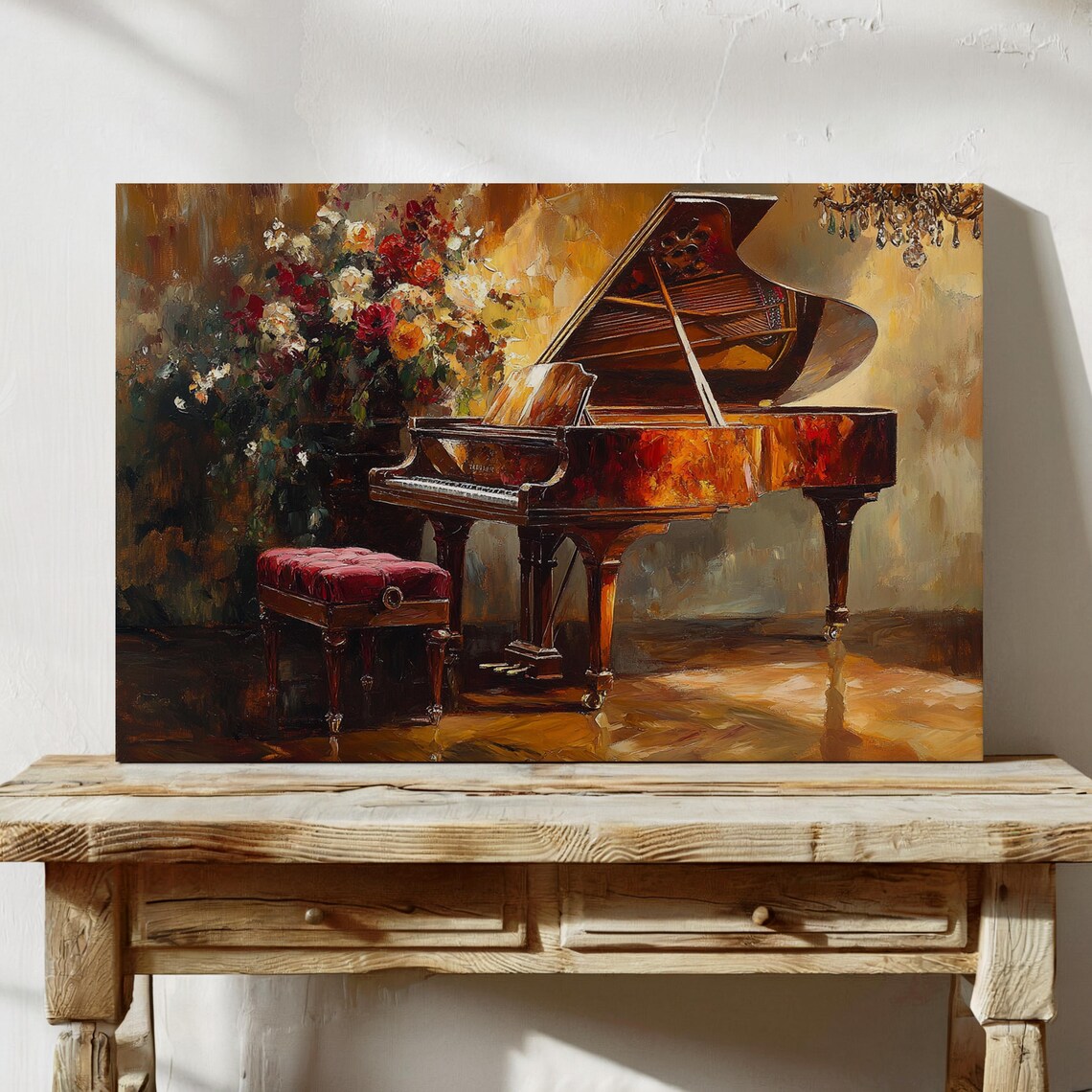 Vintage Grand Piano With Roses Romantic Warm Golden Oil Poster - Image 3
