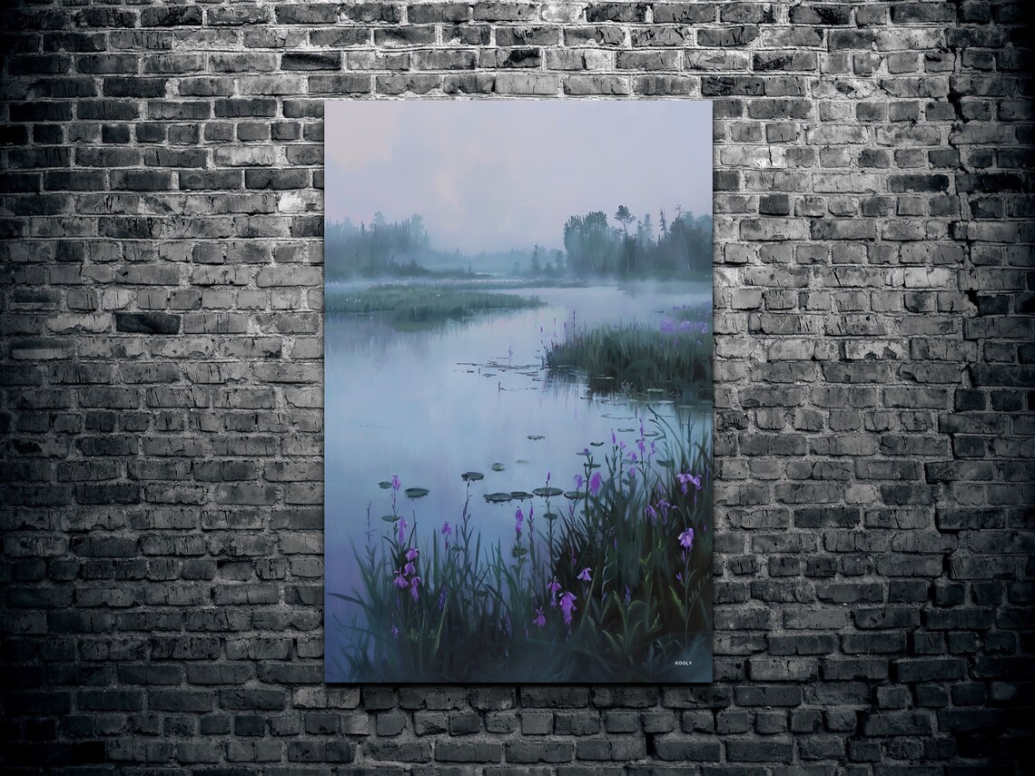 Purple Iris Blooms Beside Foggy Still Lake Floral Art Poster - Image 3