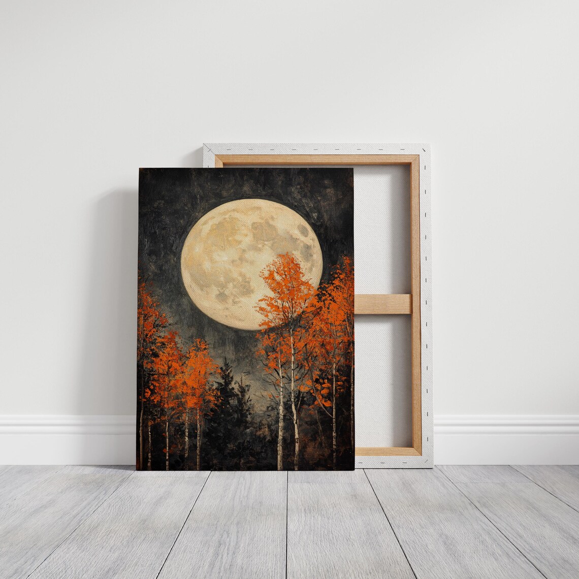 Full Moon With Autumn Birch Trees, Rustic Wall Art Print - Image 6
