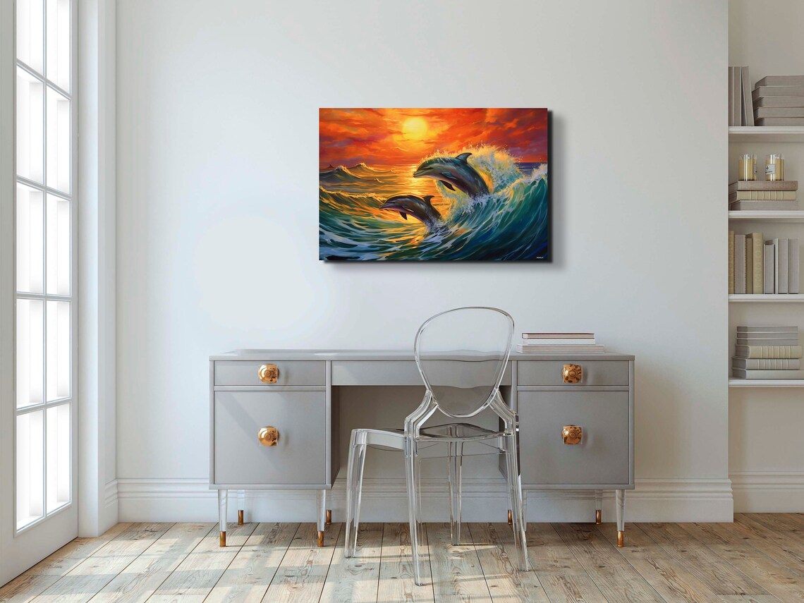 Dolphins Leaping Golden Sunset Ocean Waves Sea Life Art Poster - Image 7