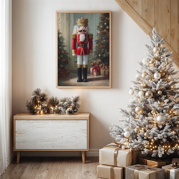 Traditional Red And Gold Nutcracker With Christmas Tree Poster