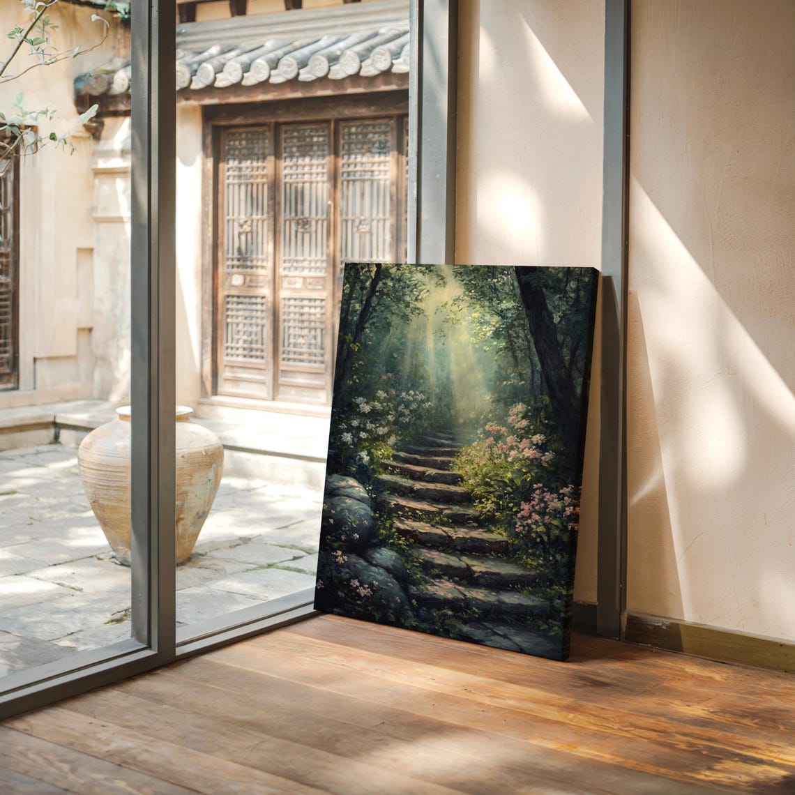 Enchanted Forest Path Wall Art Serene Stone Steps With Blossoms And Sunlight Print For Nature Inspired Home Decor - Image 7
