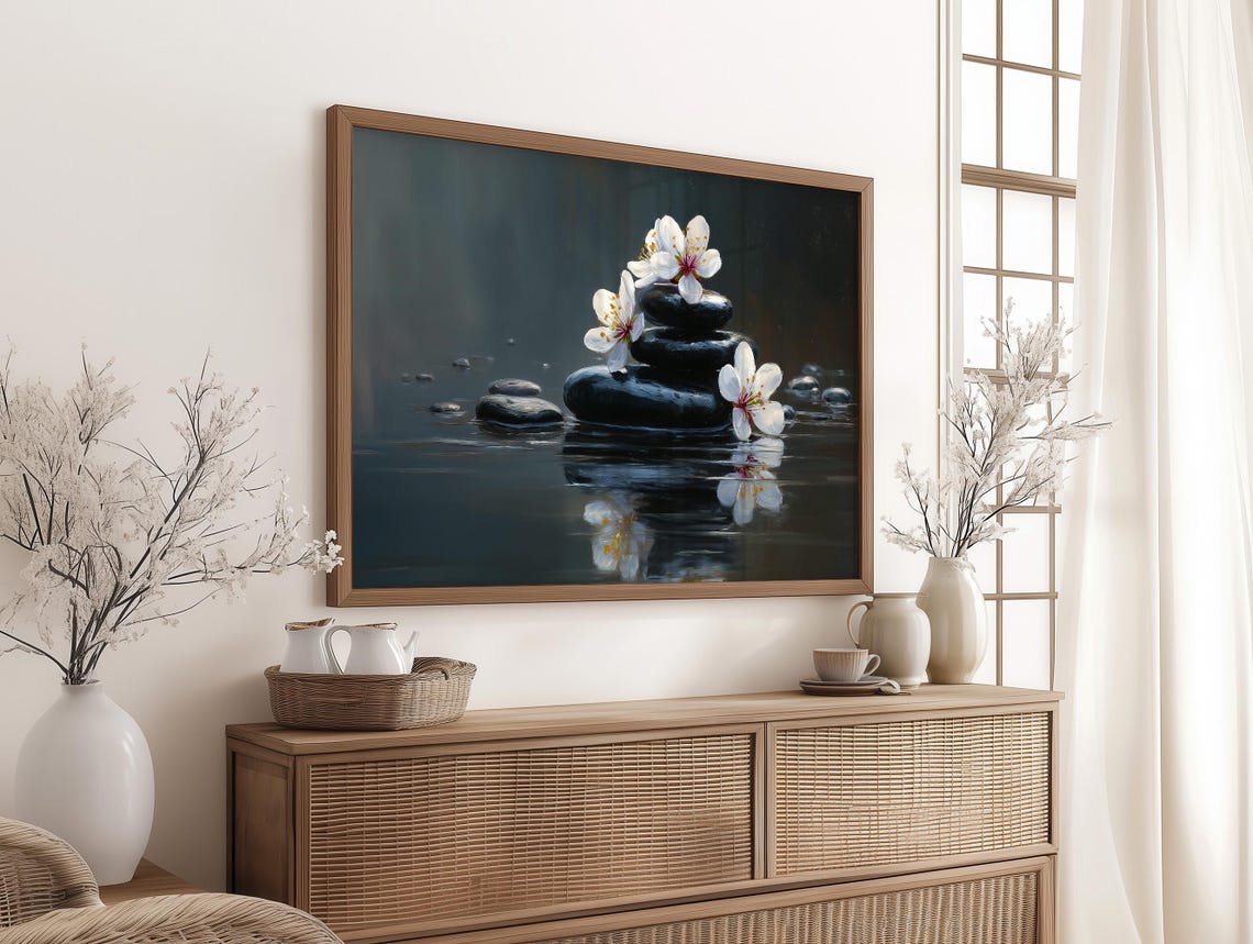 Zen Stones With White Blossoms Canvas Spa Inspired Wall Art Peaceful Decor Floral Meditation Print Calming Nature Home